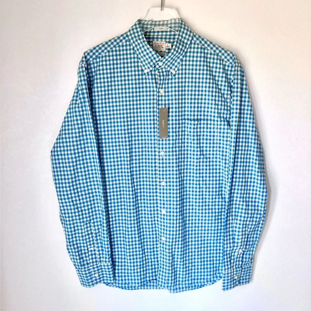 NWT J Crew Secret Wash Gingham cotton poplin shirt Slim Size L